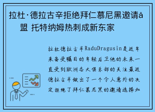 拉杜·德拉古辛拒绝拜仁慕尼黑邀请加盟 托特纳姆热刺成新东家 拉杜·德拉古辛拒绝拜仁慕尼黑邀请加盟 托特纳姆热刺成新东家