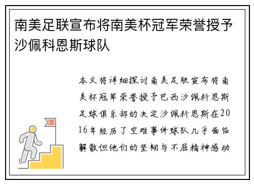 南美足联宣布将南美杯冠军荣誉授予沙佩科恩斯球队 南美足联宣布将南美杯冠军荣誉授予沙佩科恩斯球队